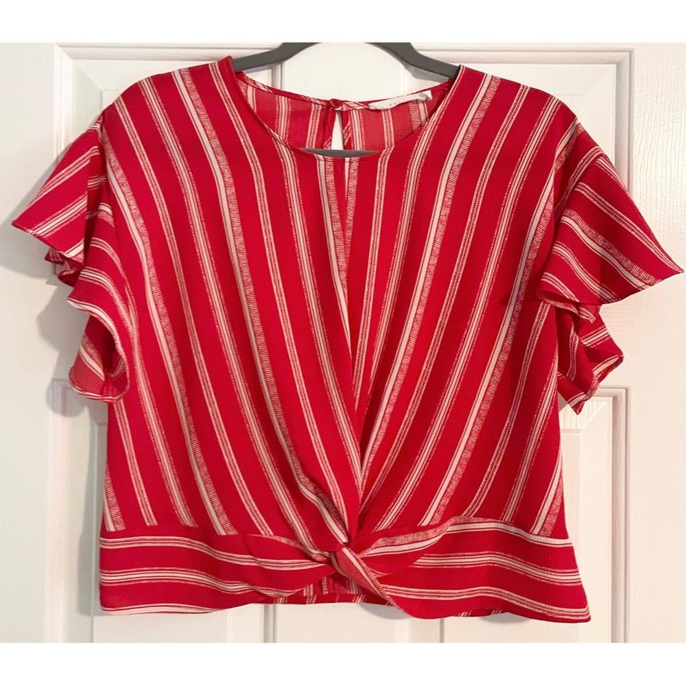 LUSH Red and White Vertical Stripe Twist Front Top - Small